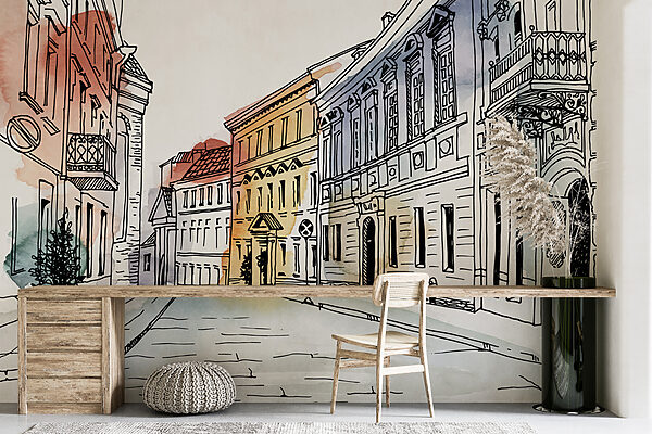 Desenho de uma rua com edifícios Desenho de uma rua com edifícios