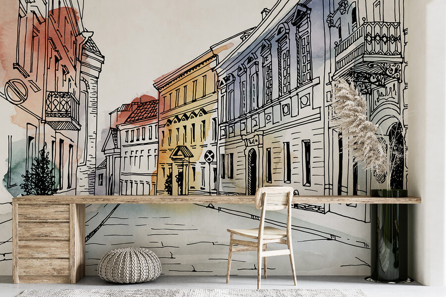 Desenho de uma rua com edifícios Desenho de uma rua com edifícios