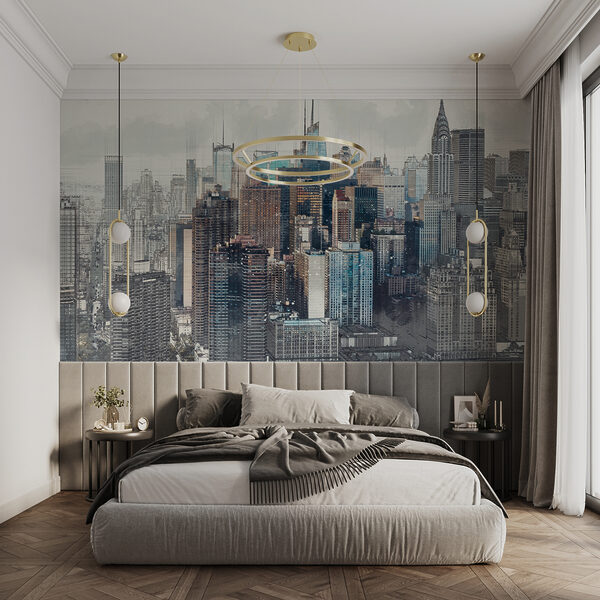 City skyline with many tall buildings