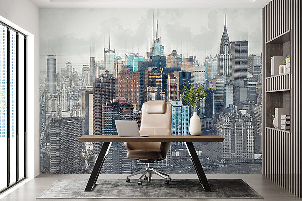 City skyline with many tall buildings