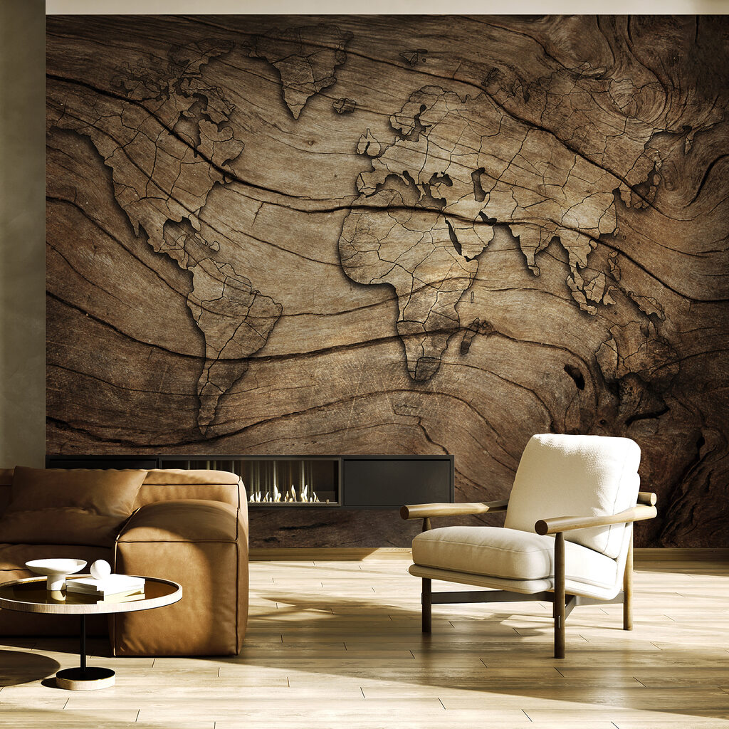 Map of the world on a piece of wood