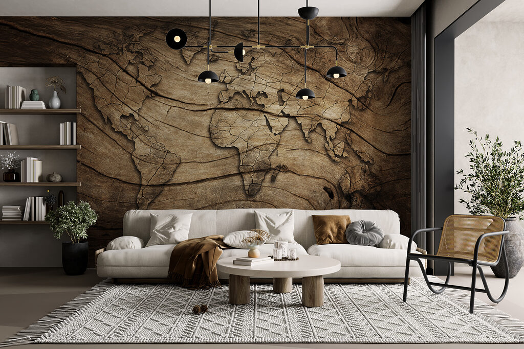 Map of the world on a piece of wood