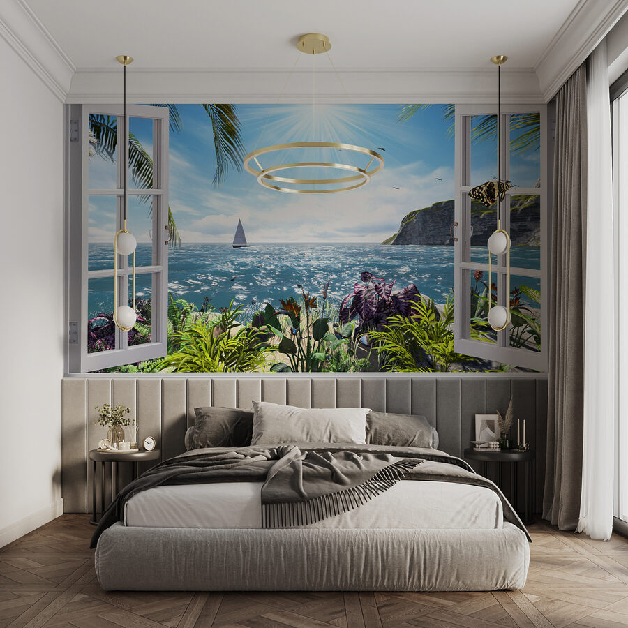 Janela com vista para o mar e para um veleiro