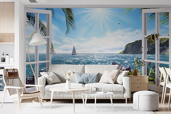 Janela com vista para o mar e para um veleiro Janela com vista para o mar e para um veleiro