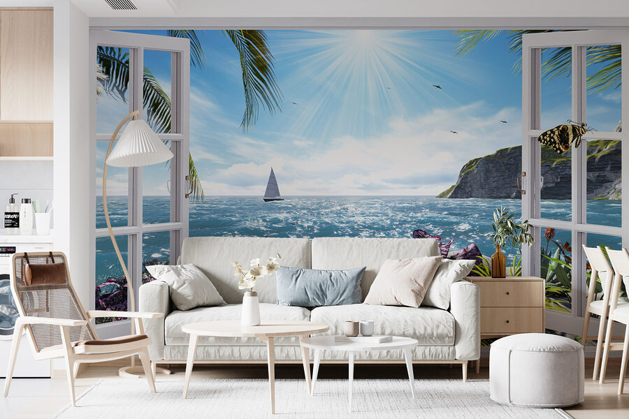 Janela com vista para o mar e para um veleiro