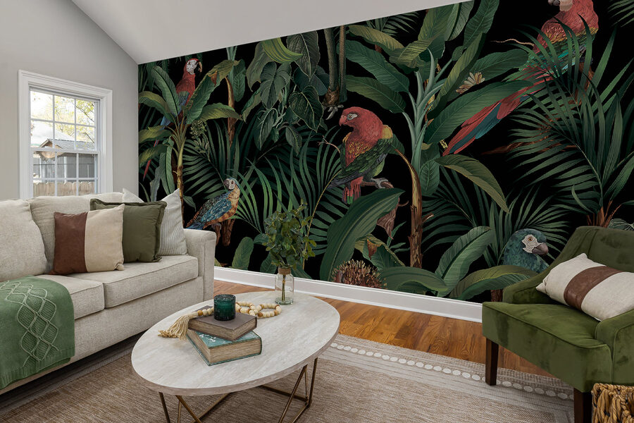 Papel de parede com pássaros e plantas