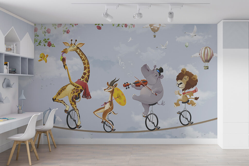 Group of animals riding unicycle