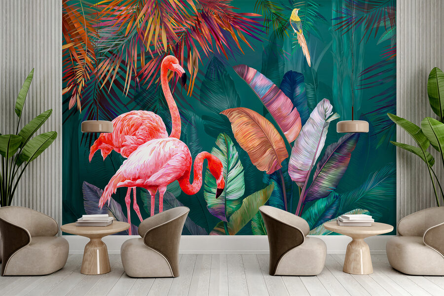 Flamingos e folhas coloridas Flamingos e folhas coloridas