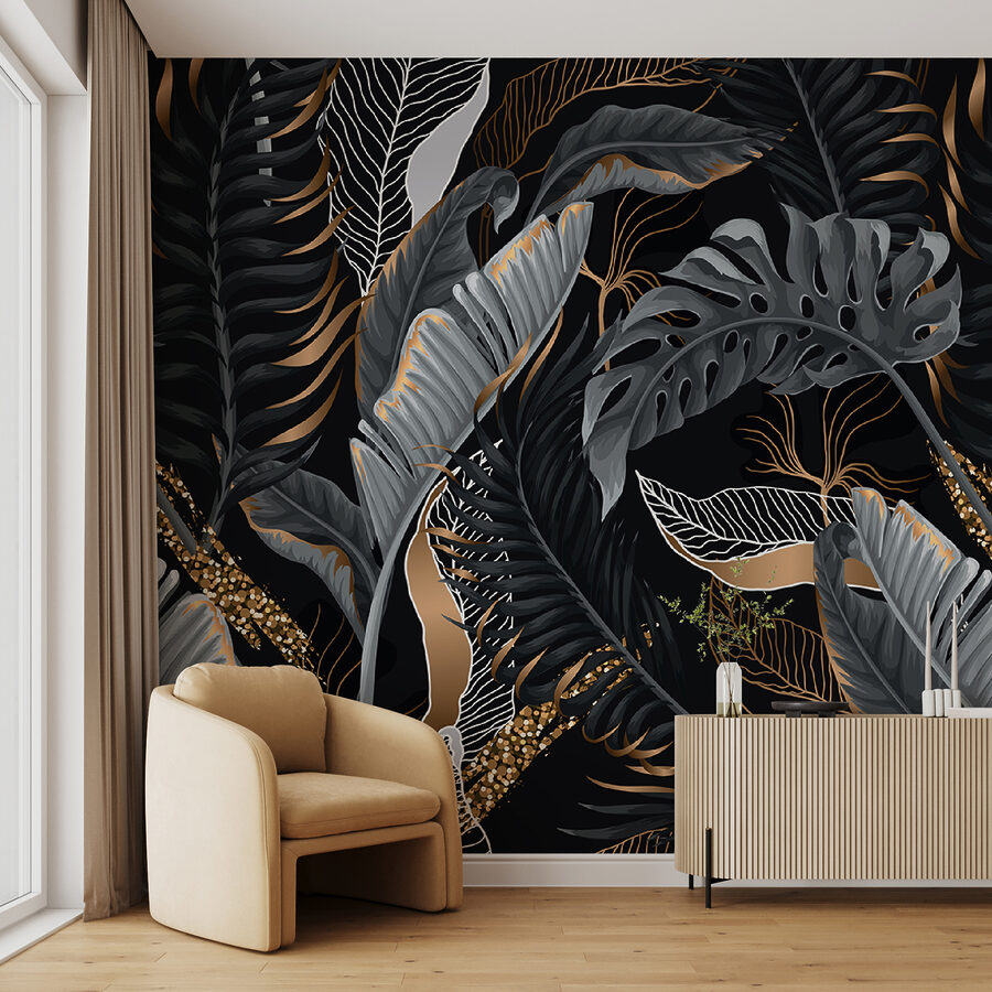 Folhagem tropical exuberante com toques de brilho.