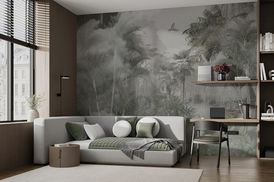 Papel de parede Floresta enevoada com árvores e pássaros - Image 4