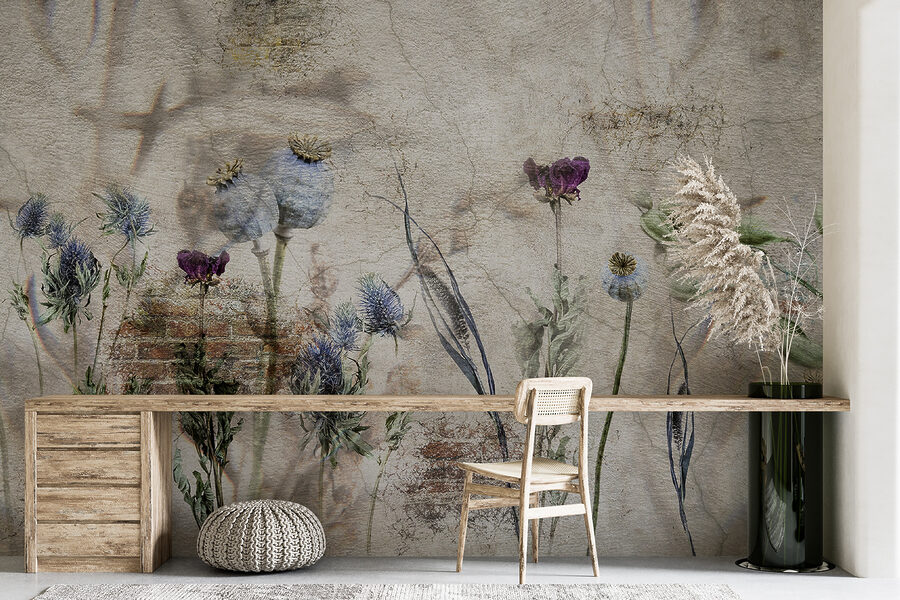Muro com flores e um muro de tijolo Muro com flores e um muro de tijolo