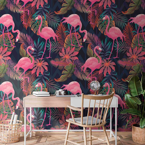 Um padrão de flamingos cor-de-rosa e folhas Um padrão de flamingos cor-de-rosa e folhas