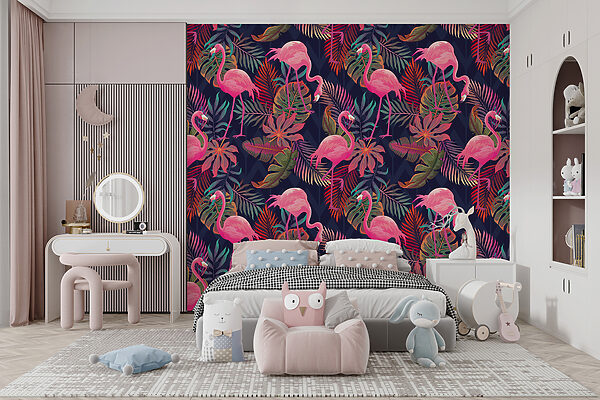 Um padrão de flamingos cor-de-rosa e folhas Um padrão de flamingos cor-de-rosa e folhas