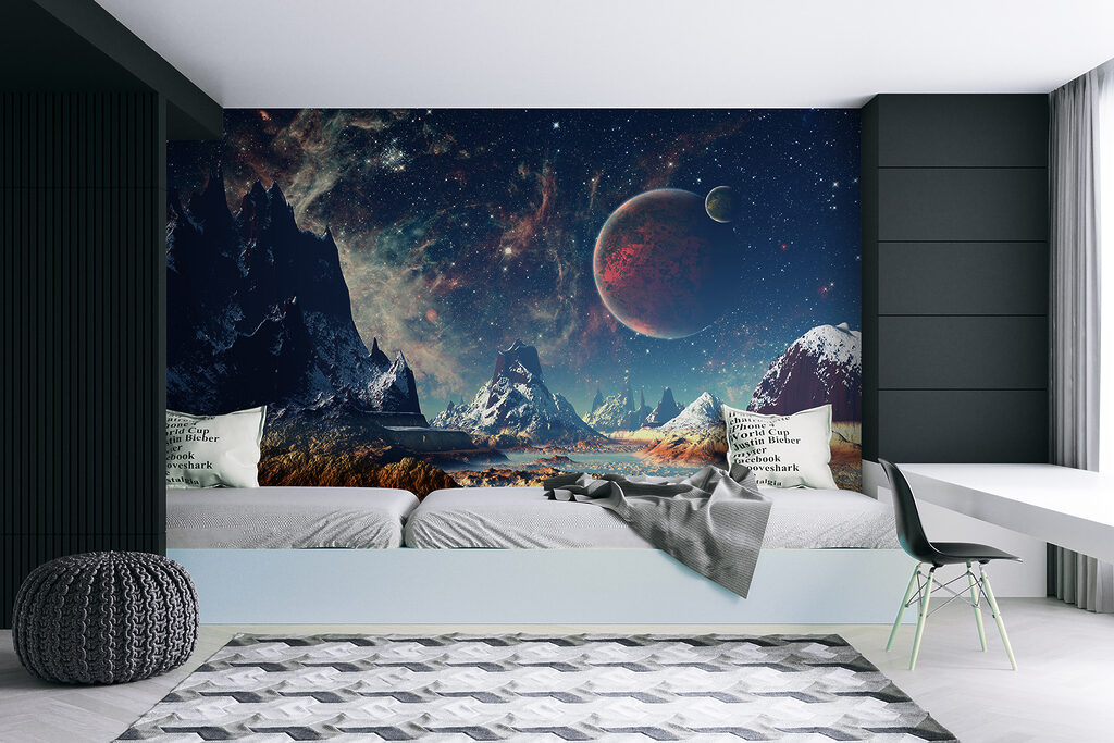Landscape of mountains and water with planets and stars Landscape of mountains and water with planets and stars