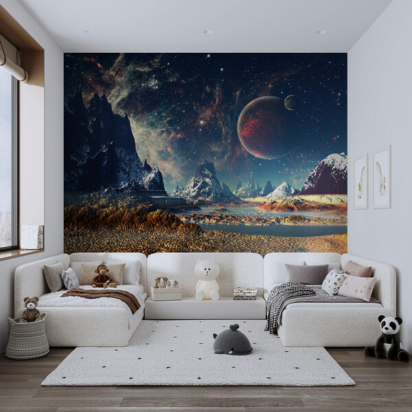 Landscape of mountains and water with planets and stars Landscape of mountains and water with planets and stars