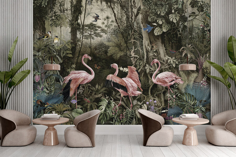Papel de parede Grupo de flamingos cor-de-rosa numa floresta - Image 7