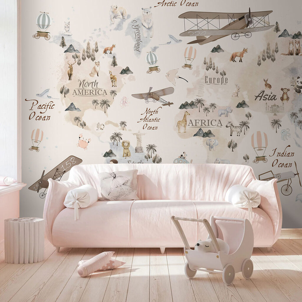 Map of the world with animals and birds Map of the world with animals and birds