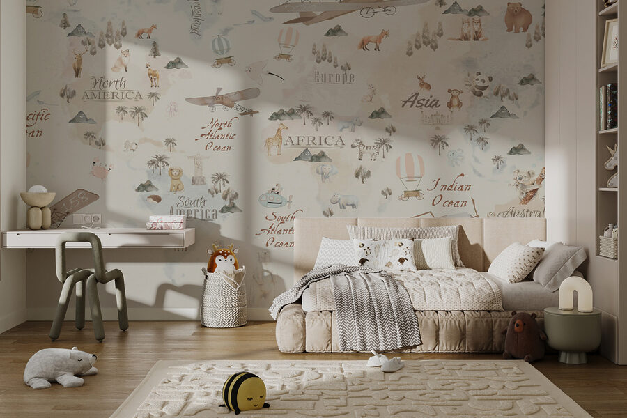 Mapa do mundo com animais e aves