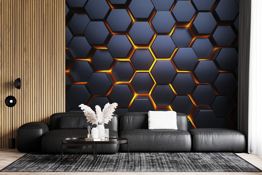 Hexágonos pretos com luzes cor de laranja