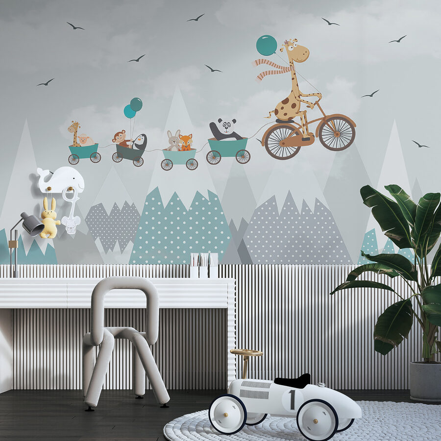 Papel de parede Girafa a andar de bicicleta com um comboio e animais - Image 3