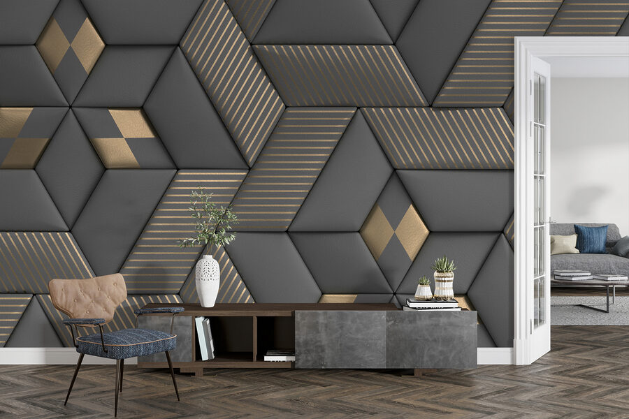 Elegância geométrica em cinzento e latão.