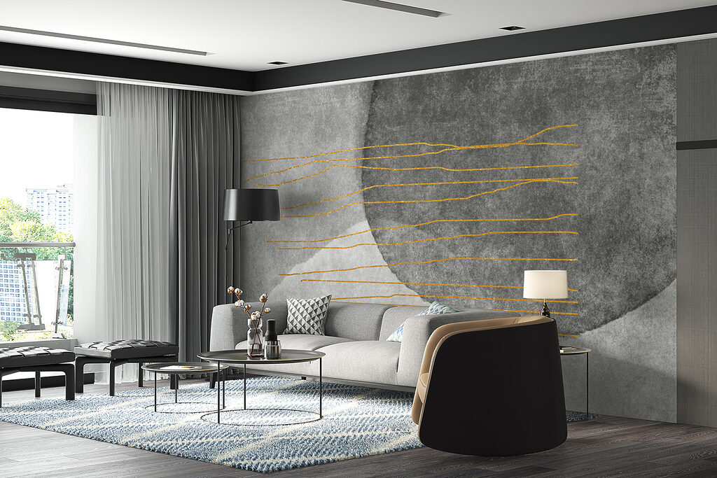 Grey and white painting with orange lines