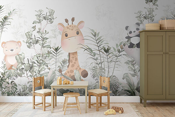 Girafa e panda numa floresta Girafa e panda numa floresta