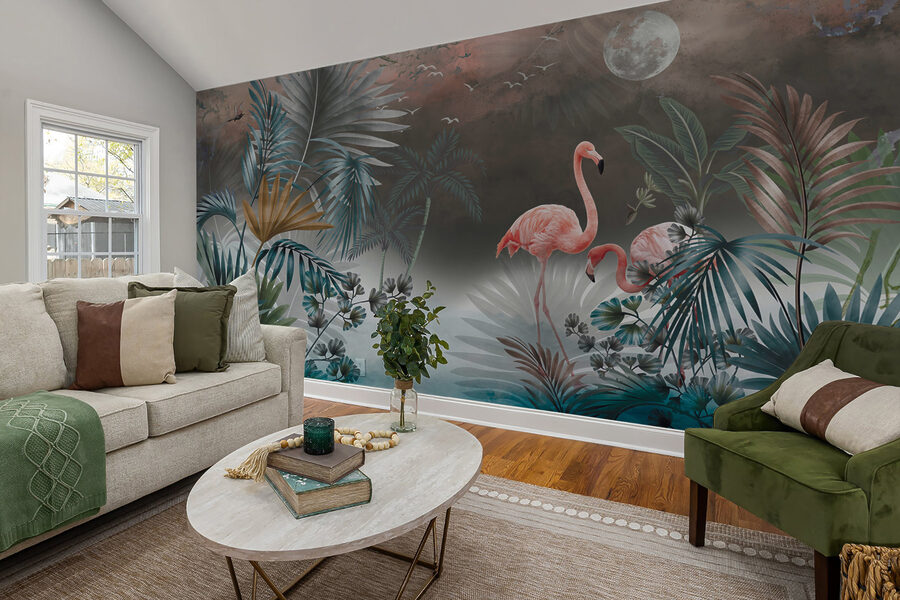 Pintura de flamingos e plantas
