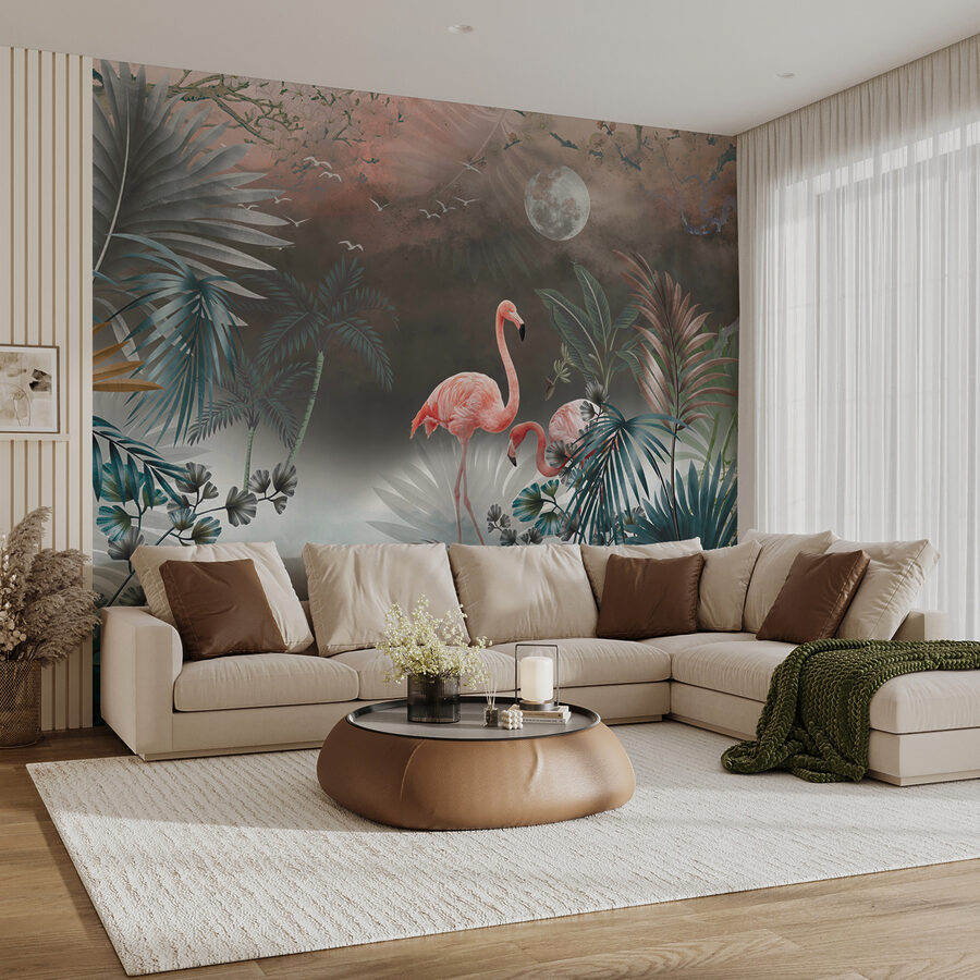 Pintura de flamingos e plantas