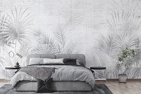 Fundo branco e cinzento com folhas de palmeira Fundo branco e cinzento com folhas de palmeira
