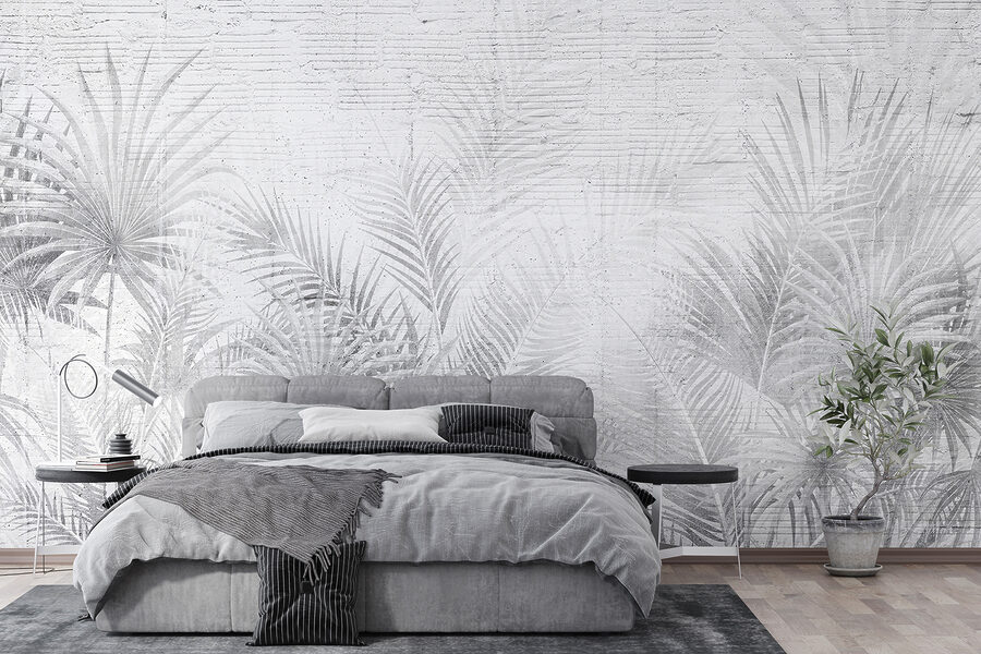 Fundo branco e cinzento com folhas de palmeira