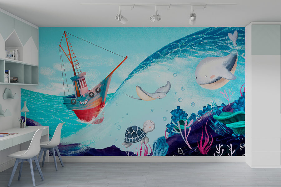 Desenho animado de um barco e de animais marinhos