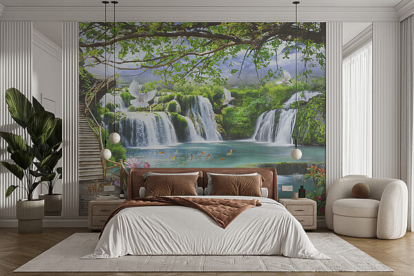 Cascata com pássaros e uma ponte Cascata com pássaros e uma ponte