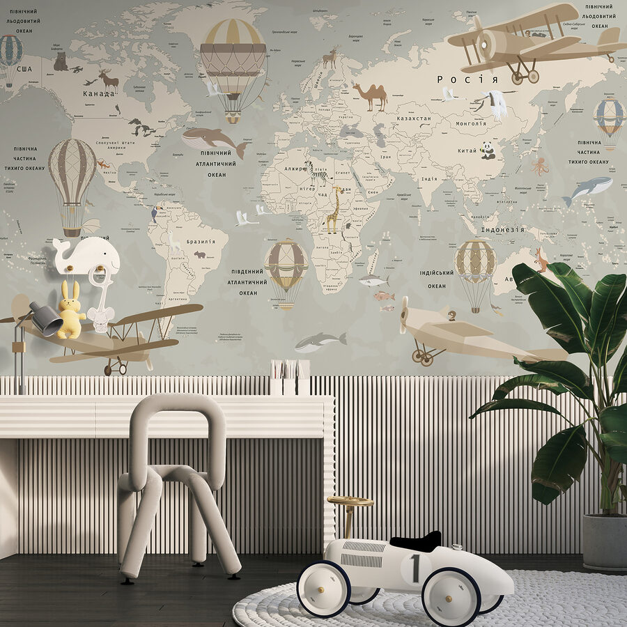 Papel de parede Mapa do mundo com aviões e animais - Image 2