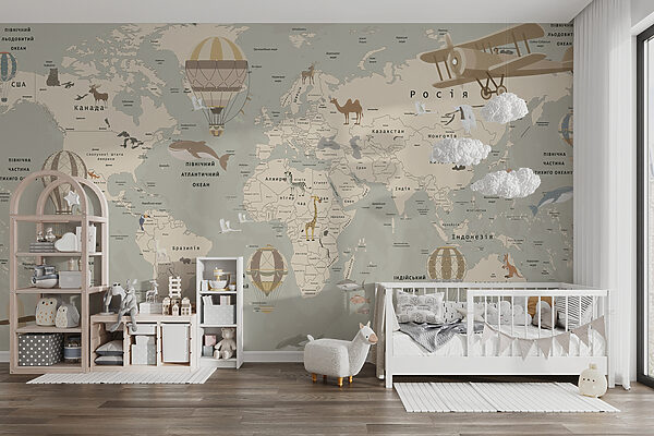 Mapa do mundo com aviões e animais Mapa do mundo com aviões e animais