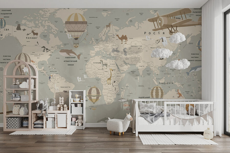 Papel de parede Mapa do mundo com aviões e animais - Image 3