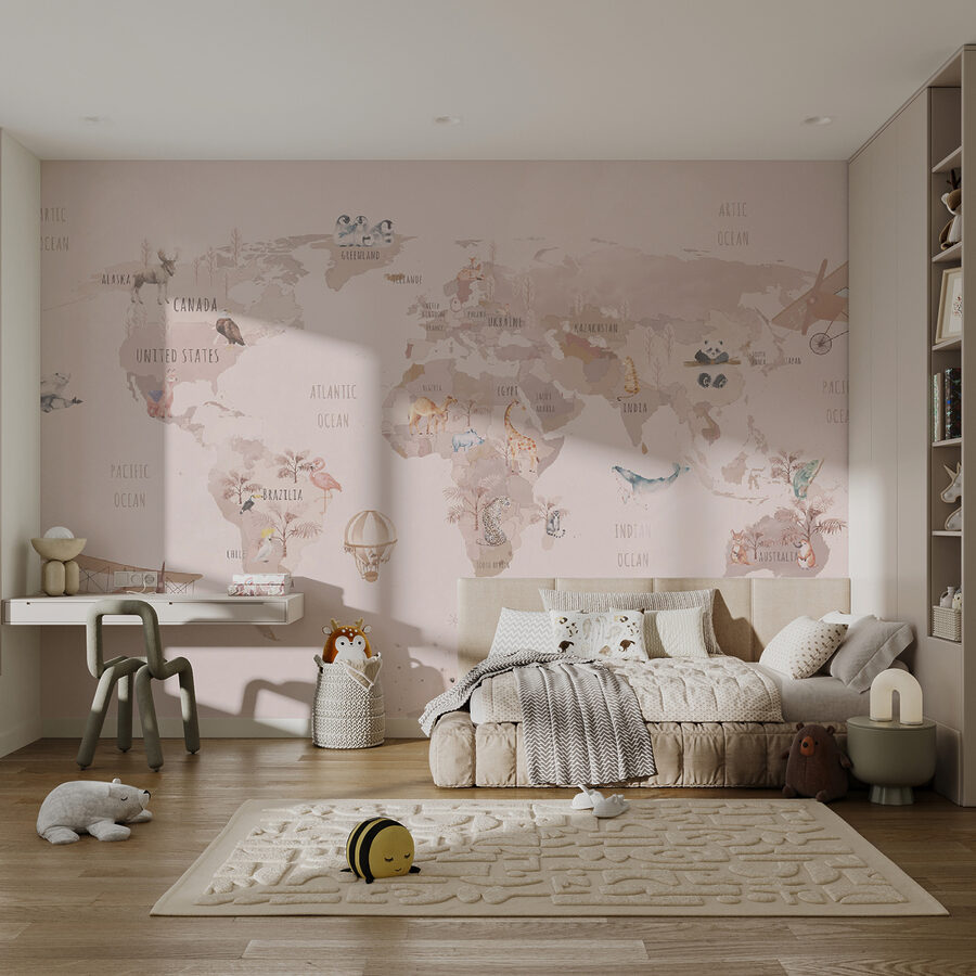 Mapa do mundo com animais e aves