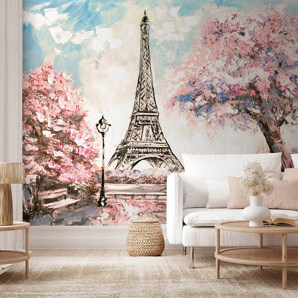 Pintura de uma torre com flores cor-de-rosa Pintura de uma torre com flores cor-de-rosa