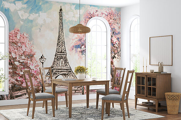 Pintura de uma torre com flores cor-de-rosa Pintura de uma torre com flores cor-de-rosa
