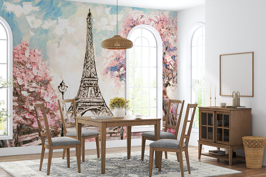 Pintura de uma torre com flores cor-de-rosa