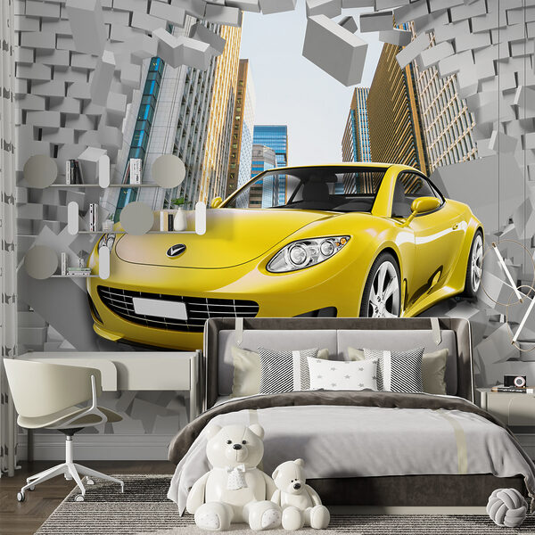 Carro amarelo num muro de tijolos Carro amarelo num muro de tijolos