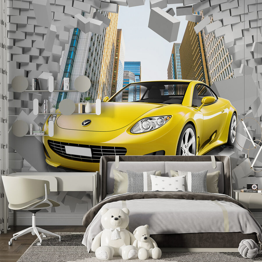 Carro amarelo num muro de tijolos