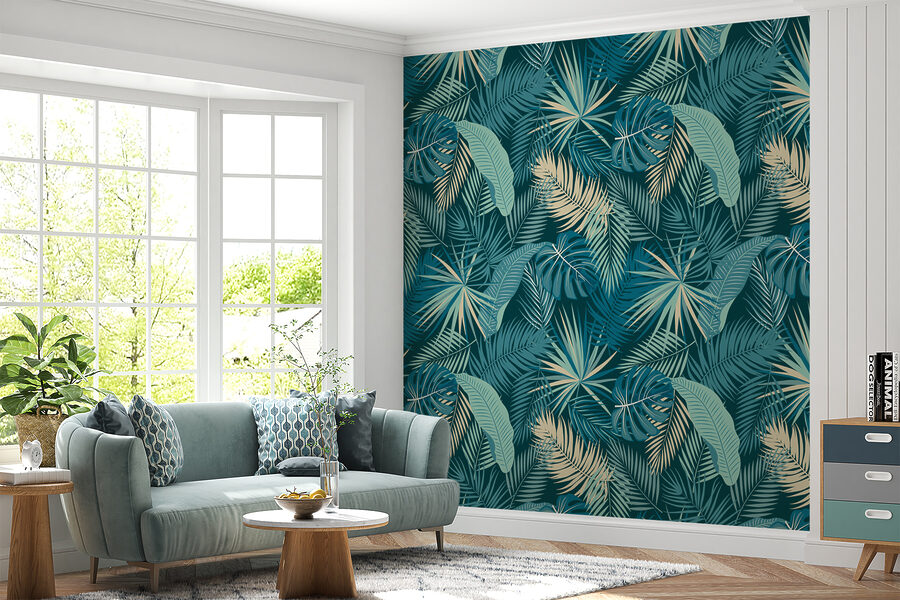 Papel de parede Padrão de folhas sobre um fundo azul - Image 4