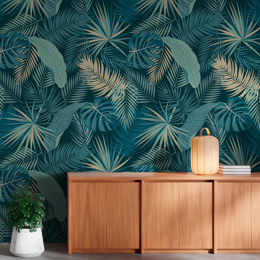 Papel de parede Padrão de folhas sobre um fundo azul - Image 5