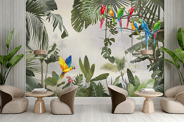 Group of colorful birds on a tree branch