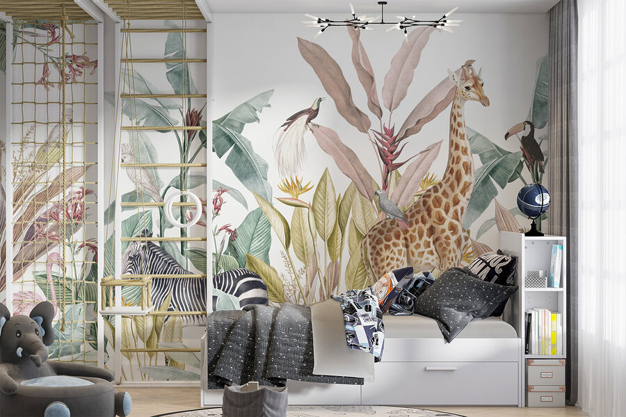 Papel de parede com zebras e pássaros