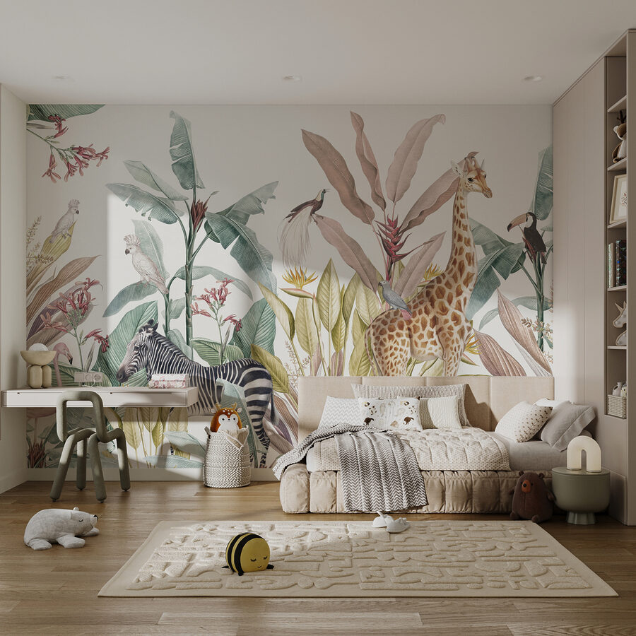 Papel de parede com zebras e pássaros