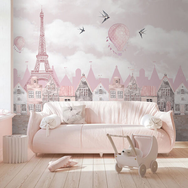 Paisagem urbana cor-de-rosa e branca com balões cor-de-rosa e pássaros a voar Paisagem urbana cor-de-rosa e branca com balões cor-de-rosa e pássaros a voar