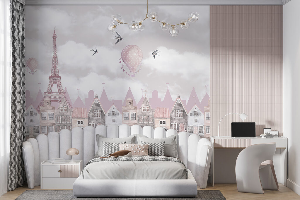 Paisagem urbana cor-de-rosa e branca com balões cor-de-rosa e pássaros a voar u94128pir7r 1024x683 - Paisagem urbana cor-de-rosa e branca com balões cor-de-rosa e pássaros a voar