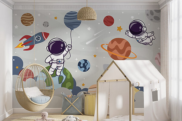 Astronauta em desenho animado no espaço com planetas e um foguetão a voar no céu Astronauta em desenho animado no espaço com planetas e um foguetão a voar no céu